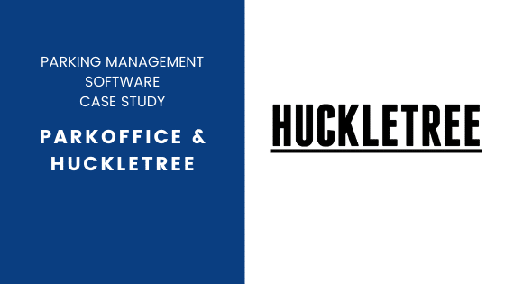 A blue and white split background with text promoting a parking management software case study featuring Parkoffice and Huckletree, highlighting Wayleadr's innovative parking lot systems.