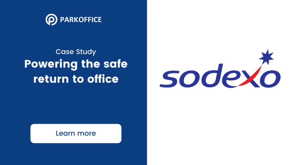 Split image with ParkOffice logo and text "Case Study: Powering the safe return to office" on the left, and the Sodexo logo on the right. A "Learn more" button is below the ParkOffice text, highlighting advanced parking management solutions.