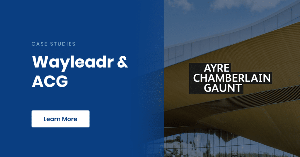 Blue banner displaying case studies by Wayleadr & ACG with a 'Learn More' button next to an image overlayed with 'Ayre Chamberlain Gaunt' text, highlighting innovative parking management solutions.