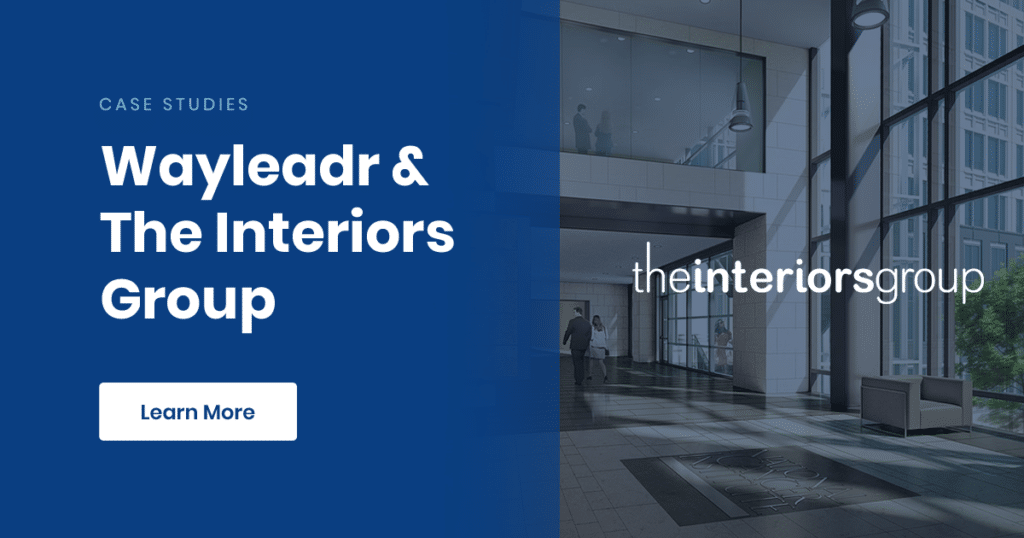 A lobby with large windows and modern design. The text, "Case Studies: Wayleadr & The Interiors Group," is displayed with a "Learn More" button on a blue background. Explore how effective parking lot management enhances visitor parking experiences.