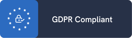 A blue and dark gray banner with a padlock icon surrounded by stars and the text "GDPR Compliant.