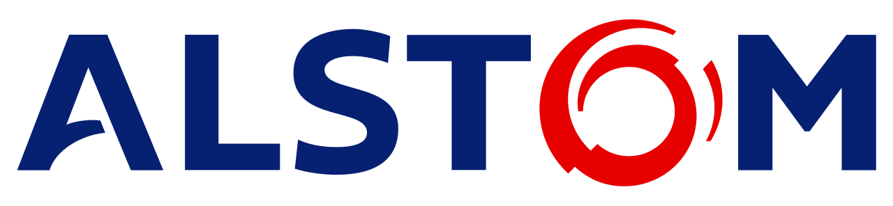 Alstom logo with the word "ALSTOM" in blue capital letters. The "O" is stylized with red circular shapes, reflecting attention to detail akin to proficient parking lot management.