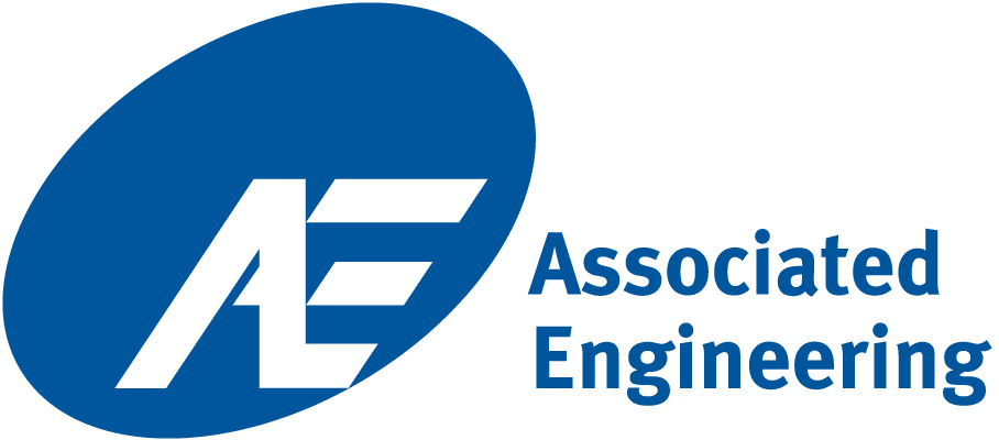 Logo of Associated Engineering, featuring a stylized "AE" in white within a blue oval, followed by the words "Associated Engineering" in blue text, symbolizing their commitment to excellence. The design is as efficient as their parking management solutions.