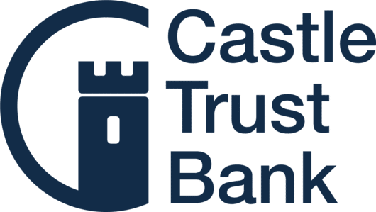 Logo of Castle Trust Bank featuring a blue castle tower within a circular shape next to the bank’s name in blue text, embodying trust and efficiency akin to modern parking management systems.