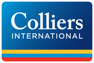 Logo of Colliers International with a blue background, white text, and horizontal stripes in blue, yellow, and red at the bottom, capturing its dedication to professional services like parking lot management and visitor parking solutions through Wayleadr.