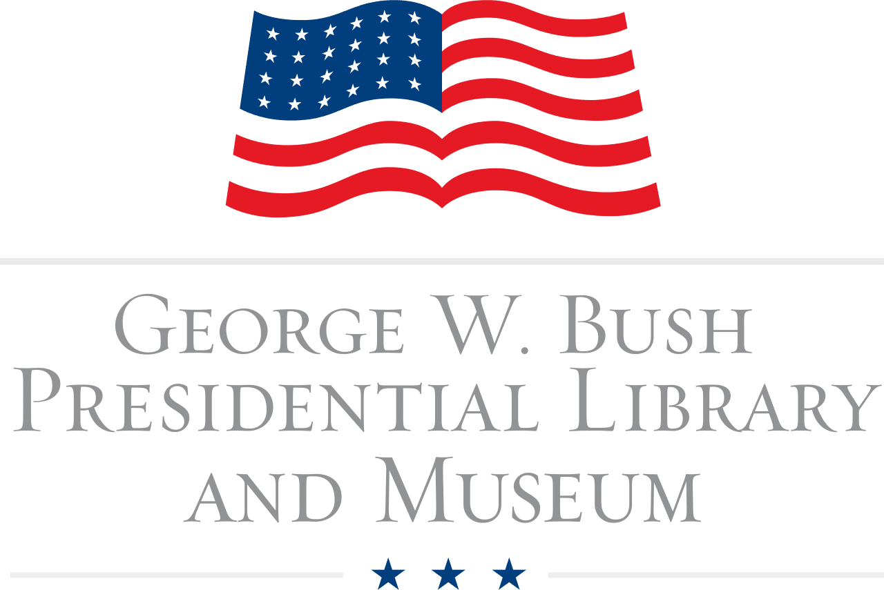 Logo of the George W. Bush Presidential Library and Museum featuring a stylized American flag and text, located conveniently near commercial parking facilities and managed efficiently with Wayleadr for seamless parking lot management.