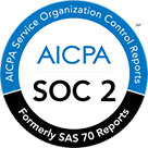 AICPA SOC 2 compliance logo with blue and black circular text stating "AICPA Service Organization Control Reports" and "Formerly SAS 70 Reports.