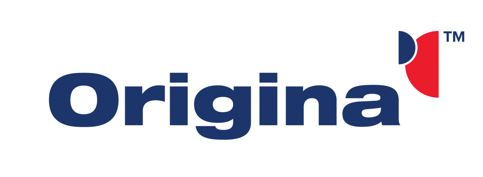 Logo of Origina, showcasing the company name in dark blue letters with a small, partially red and blue emblem above the last letter, reflecting its expertise in parking lot management.