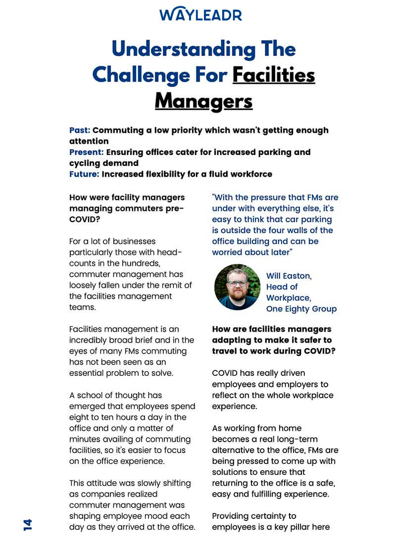 Page discussing challenges for facilities managers, including flexible work, COVID-19 impact, and adaptation, with a headshot of a man and a highlighted quote from Will Easton, Head of Workplace at The Eighy Group.