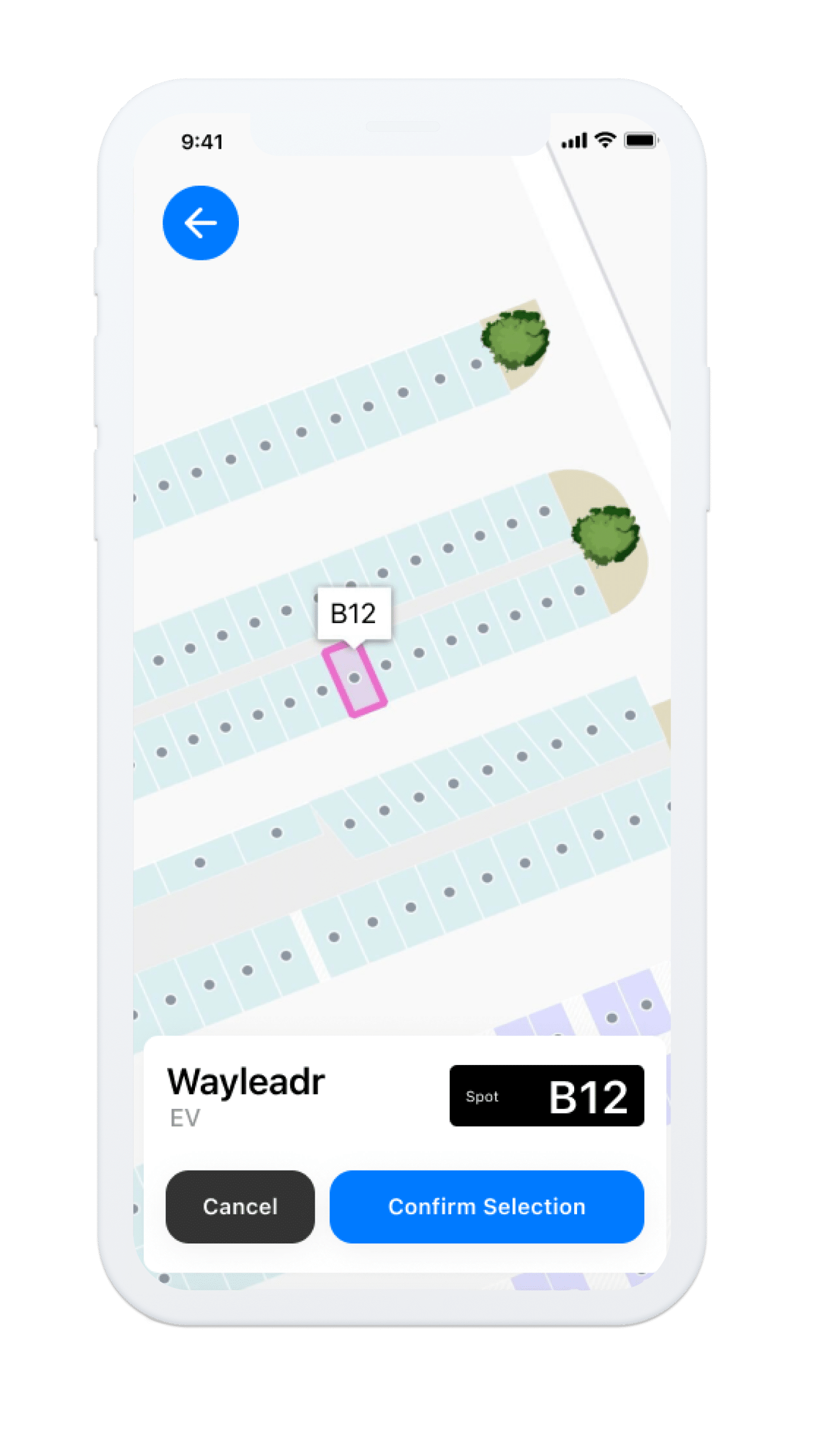 Mobile screenshot of the Wayleadr app showing the mapping of EV spaces. The map highlights available EV charging spots, marked with green icons, across a city layout. Users can zoom in and out to view different areas, and a search bar is available at the top for quick location searches. The interface includes a menu icon for additional options and a clear, easy-to-read design.