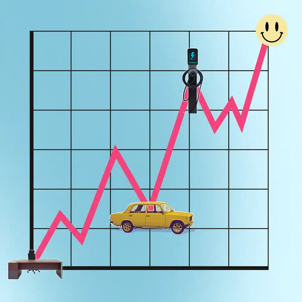 A pink line graph shows a rising trend with icons of a desk, car, and charging station along the way, highlighting effective parking lot management, ending with a smiley face symbol at the peak.