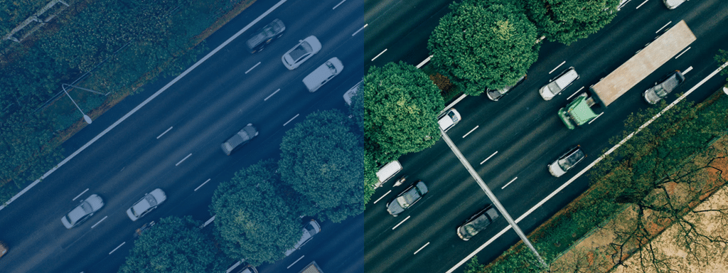 Side-by-side aerial view of a highway during different seasons: left side with fewer cars and a cooler tone, right side with more cars and a warmer tone. Green trees line both sides of the road, demonstrating how effective parking management can impact traffic flow throughout the year.