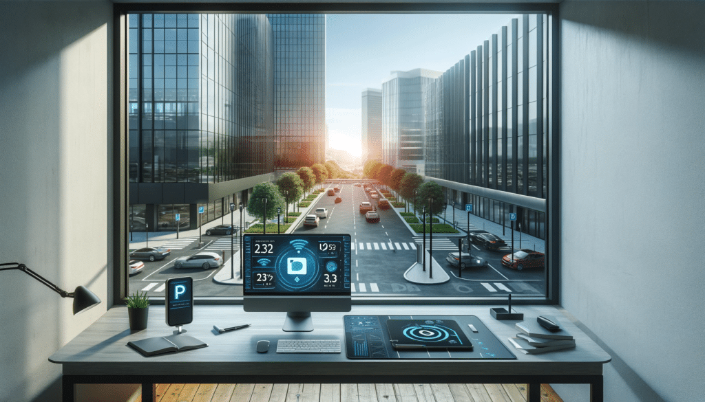 A modern office desk with multiple screens displaying data, including parking lot management statistics from Wayleadr, overlooks a city street lined with tall buildings and cars during sunrise.