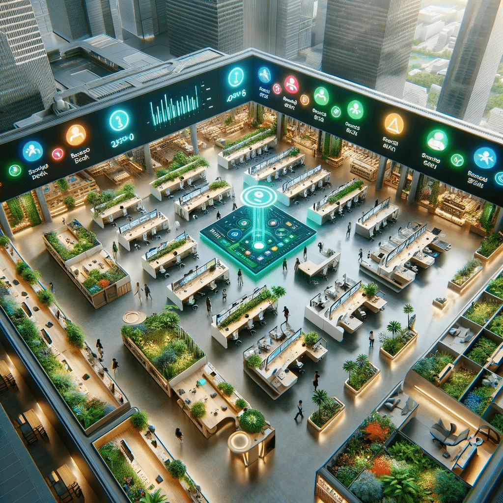 A futuristic indoor workspace with numerous desks, digital displays, and greenery throughout exudes productivity. People are working at their stations while a large central digital interface manages not only tasks but also integrates advanced commercial parking systems for seamless parking management.