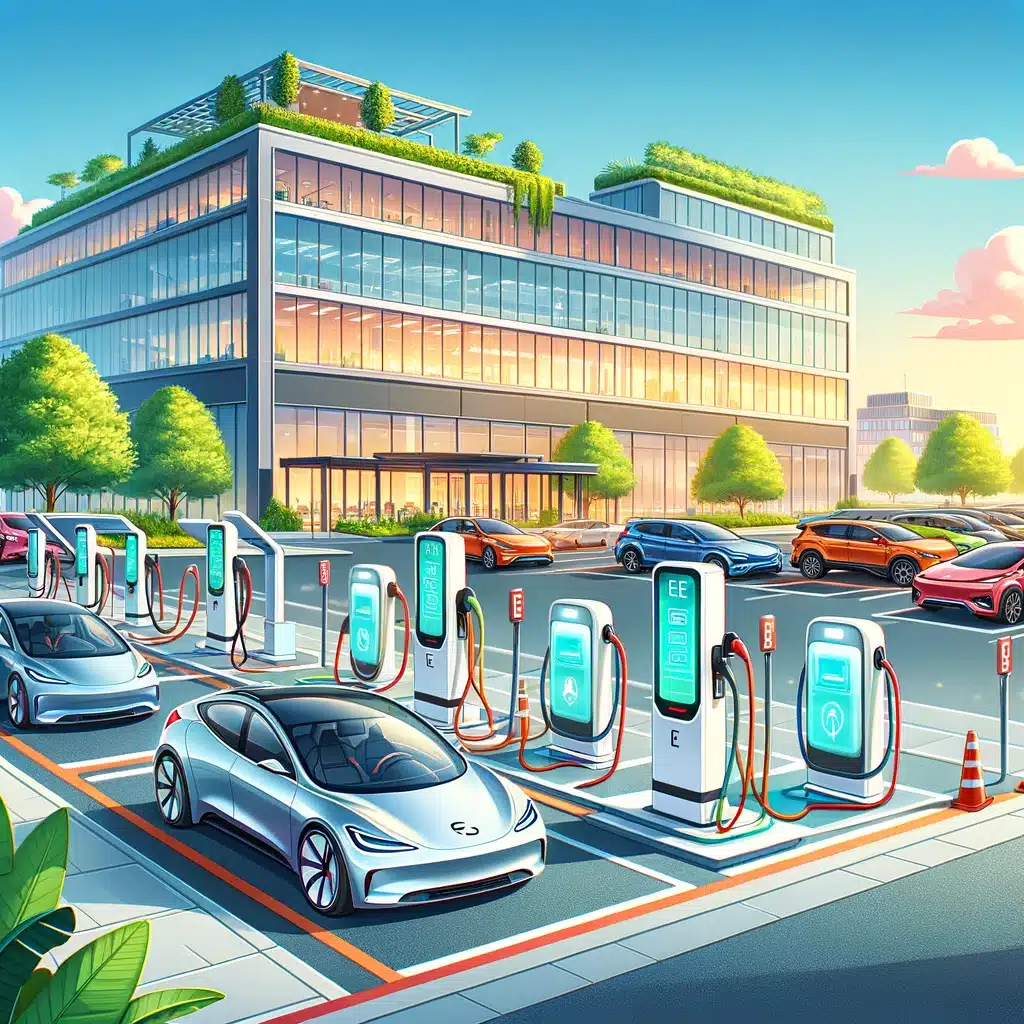 A modern office building with solar panels has commercial parking featuring electric vehicle charging stations managed by Wayleadr. Several cars are plugged in, charging under clear, sunny skies. Lush greenery surrounds the area.