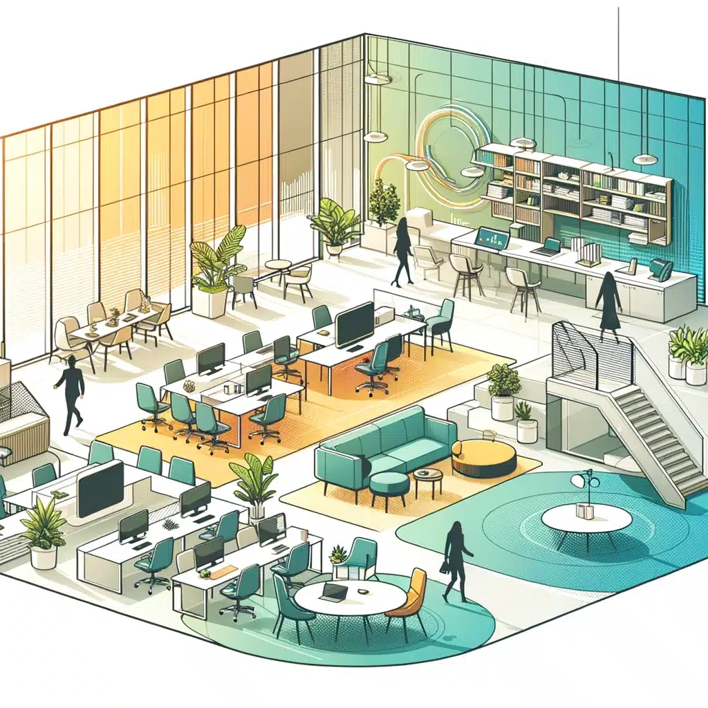 Illustration of a modern open-plan office with workstations, lounge areas, bookshelves, plants, and people working and walking around—seamlessly integrated with a commercial parking area for employees and visitors.