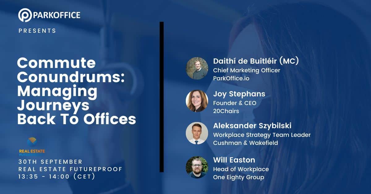 Promotional graphic for a webinar titled "Commute Conundrums: Managing Journeys Back to Offices" with insights on commercial parking and wayleadr solutions by industry experts, scheduled for 30th September at 13:35 - 14:00 (CET).