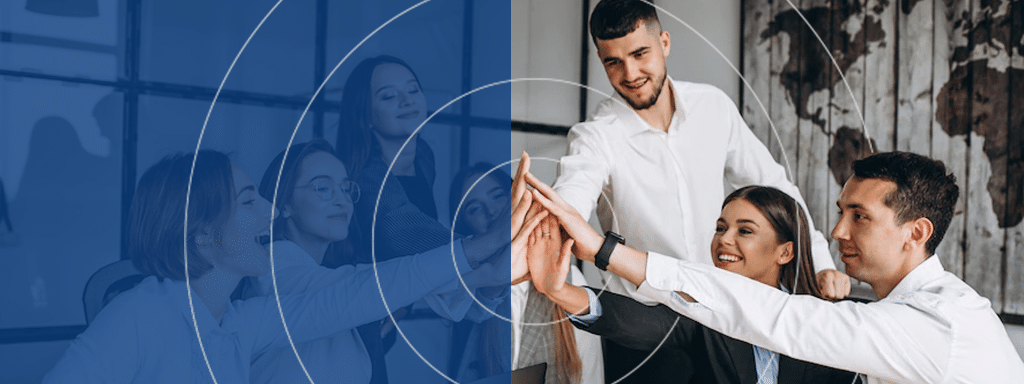Four colleagues in business attire high-five in an office setting with a world map on the wall and a faint blue overlay on the left portion of the image, celebrating their latest success in implementing efficient parking lot management systems.