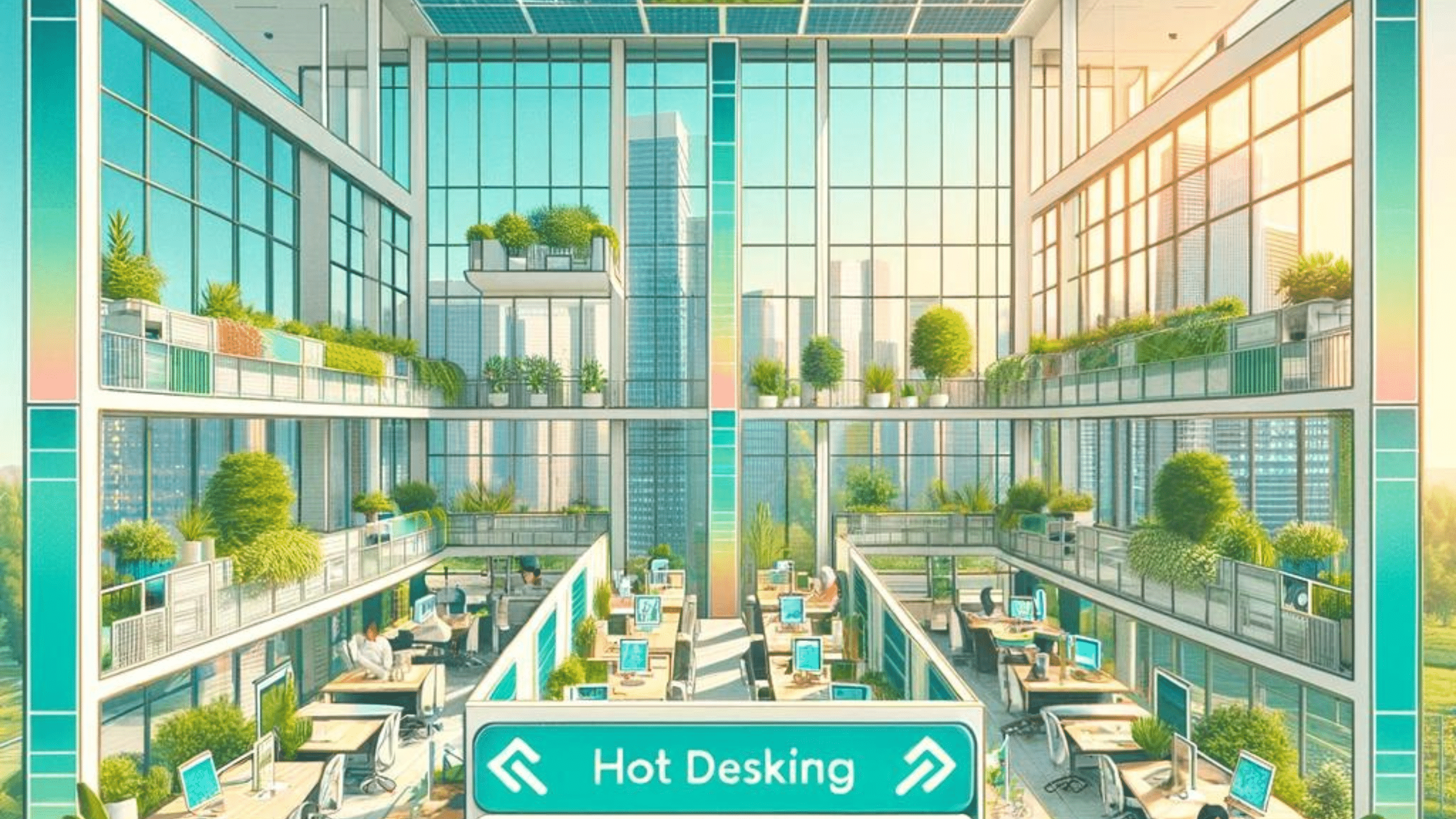 A spacious, modern open-plan office featuring hot desking stations, large windows, abundant natural light, and greenery throughout. Visitor parking is conveniently located nearby for easy access. A sign indicates "Hot Desking" with directional arrows.