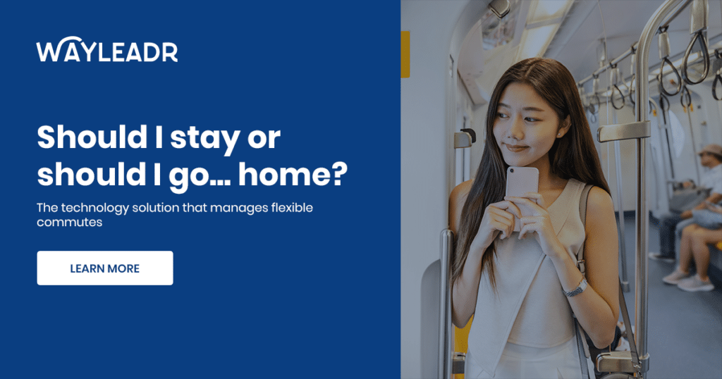 A woman riding a train holding her phone is featured alongside text promoting Wayleadr, a technology solution for managing flexible commutes and parking lot management, with a call-to-action button to learn more.