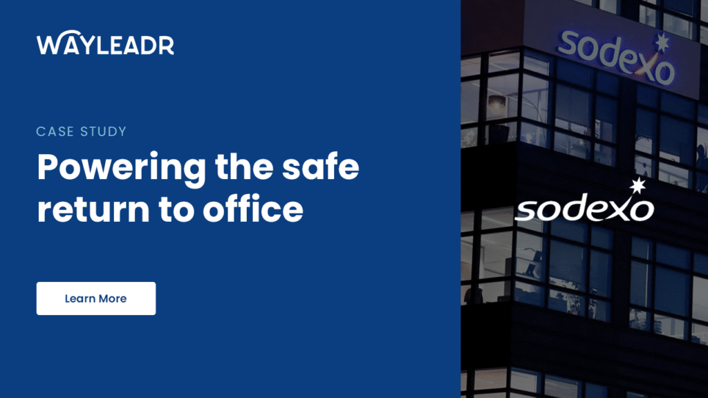 A building with Sodexo's logo and text that reads, "WAYLEADR Case Study: Powering the safe return to office with parking lot management." There is a button labeled "Learn More.