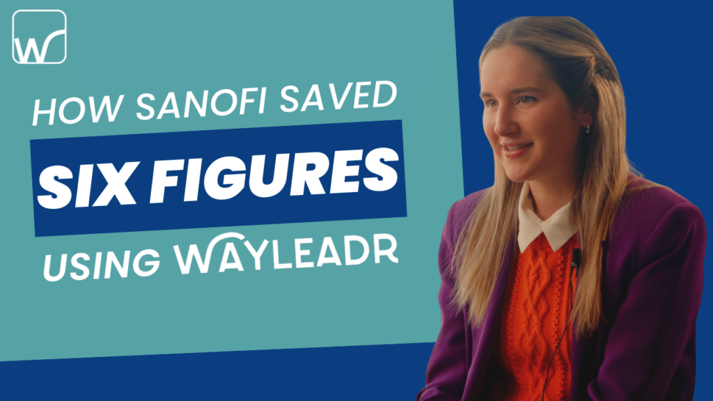 A woman sits against a backdrop with text stating, "HOW SANOFI SAVED SIX FIGURES USING WAYLEADR'S PARKING MANAGEMENT.