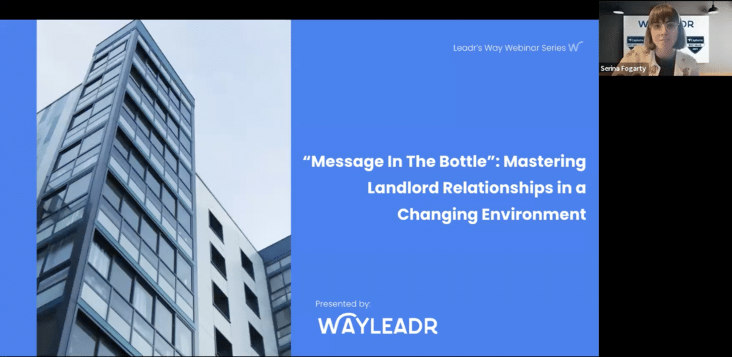A webinar slide titled "Message in the Bottle: Mastering Landlord Relationships in a Changing Environment" with a speaker visible on the top right. Presented by Wayleadr, experts in parking management solutions.