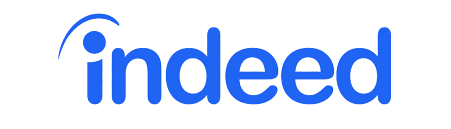 The image shows the Indeed logo, featuring the word "indeed" in blue lowercase letters with a curved line and dot above the first "i".