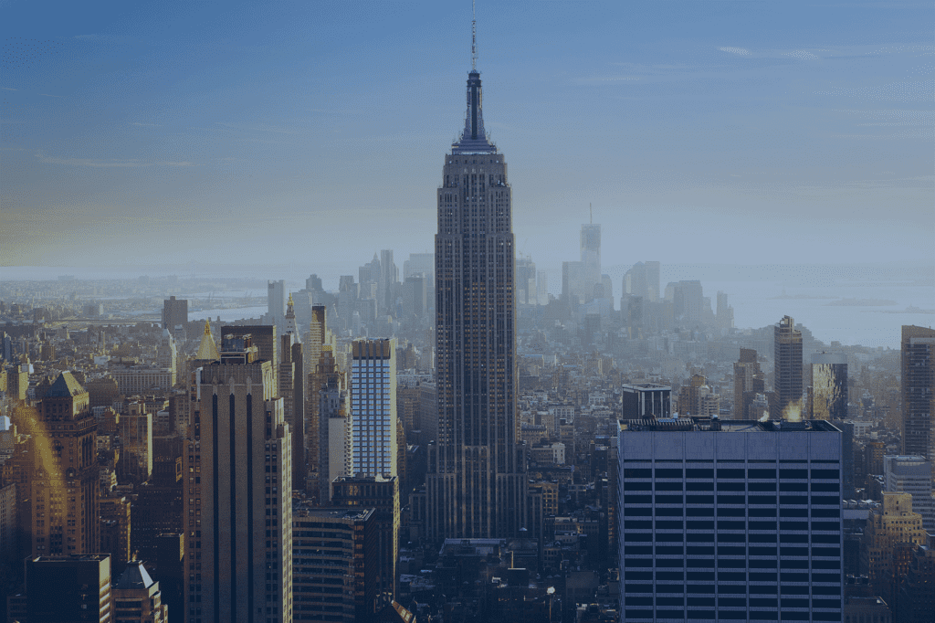 Aerial view of a city skyline featuring the Empire State Building surrounded by various skyscrapers against a clear blue sky. Cover to a guide demonstrating how to create parking space in NYC