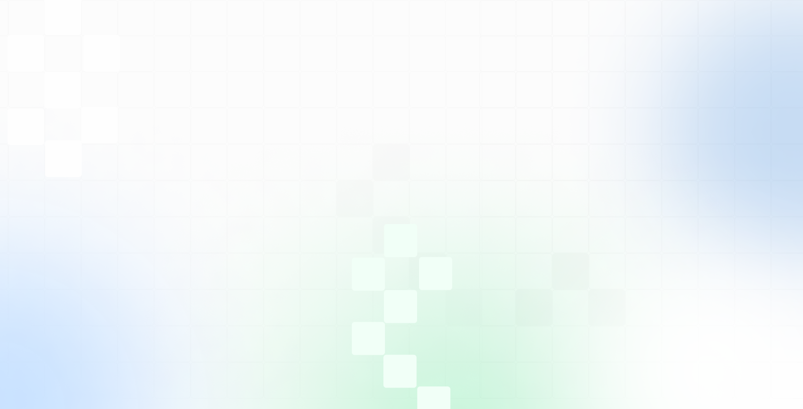 Abstract image with a soft gradient background in blue and green hues. White square pixels are scattered across the image, creating a light, mosaic-like effect.