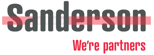 Text reads "Sanderson" with a red line through it and "We're partners" beneath in red, highlighting a demo of newfound collaboration.