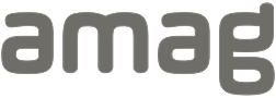 The image shows the word "amag" in lowercase, gray, rounded letters on a transparent background.