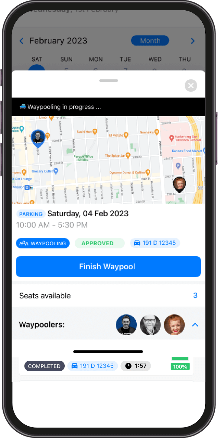 Mobile screen showing a waypooling app interface with a map and details for Saturday, 04 Feb 2023. Includes timing, parking, seats available, and three participant icons at the bottom.