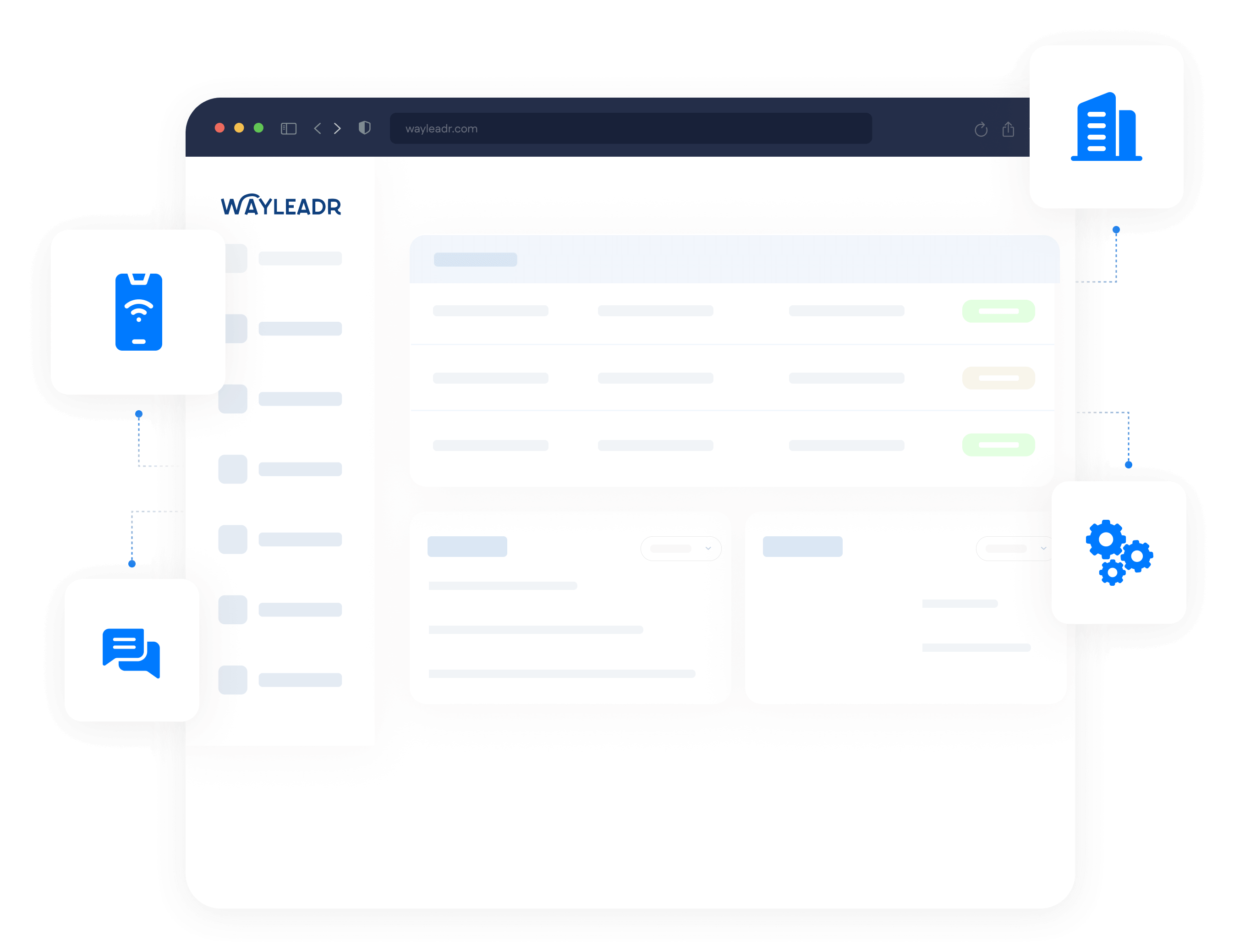 A web dashboard interface with sidebar icons, main content area, and floating icons representing connectivity, messaging, buildings, and settings.