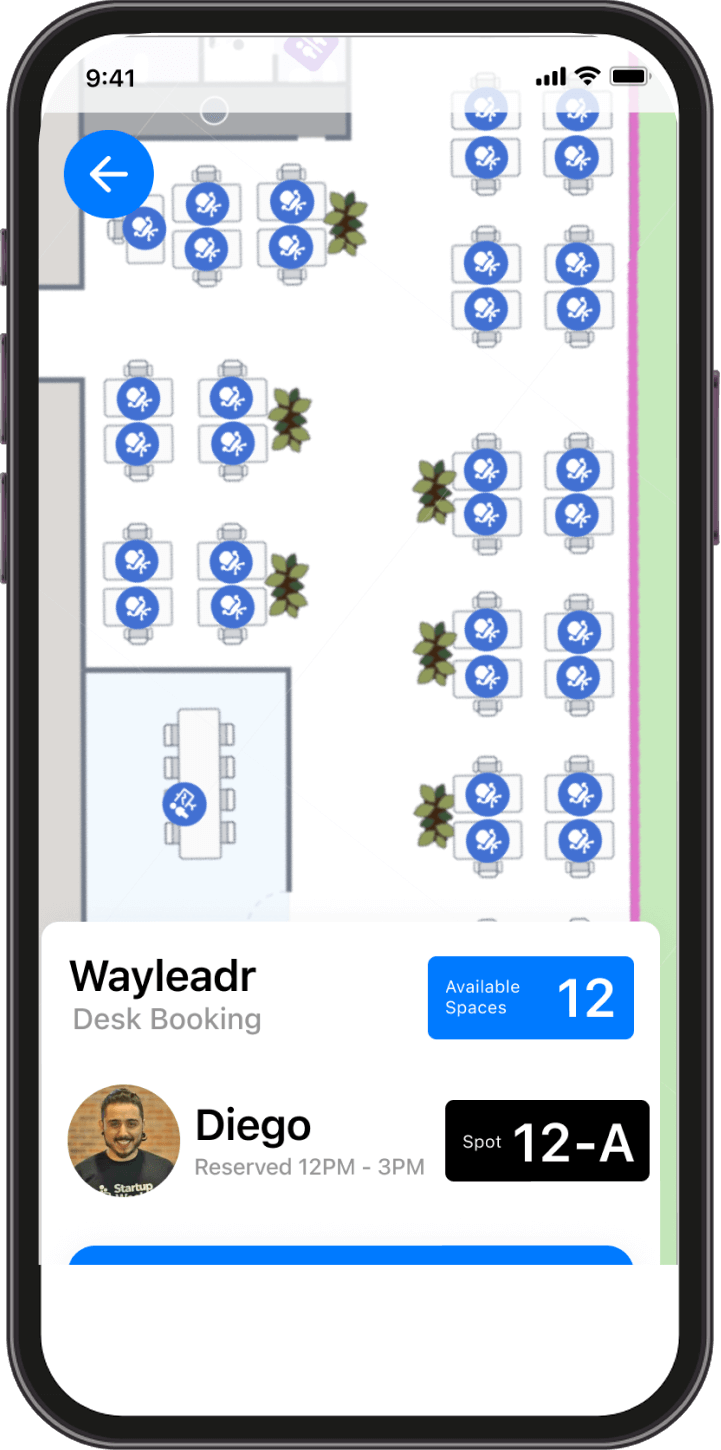 A mobile app screen shows a desk booking map with available spaces, user profile photo, reservation details for Diego, spot 12-A highlighted, and Parking Management integration for seamless workspace access.