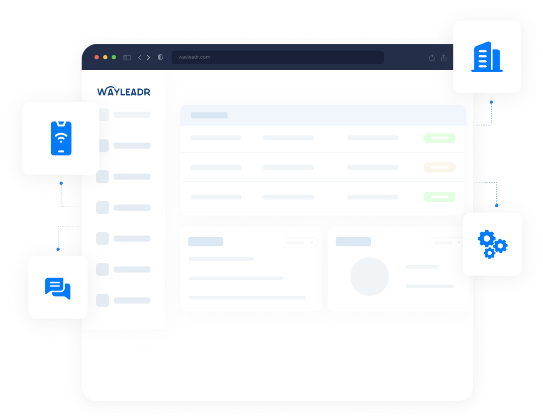 Screenshot of a web dashboard with menu icons on the left and three floating blue icons representing a chat, a building, and gear settings around the interface.