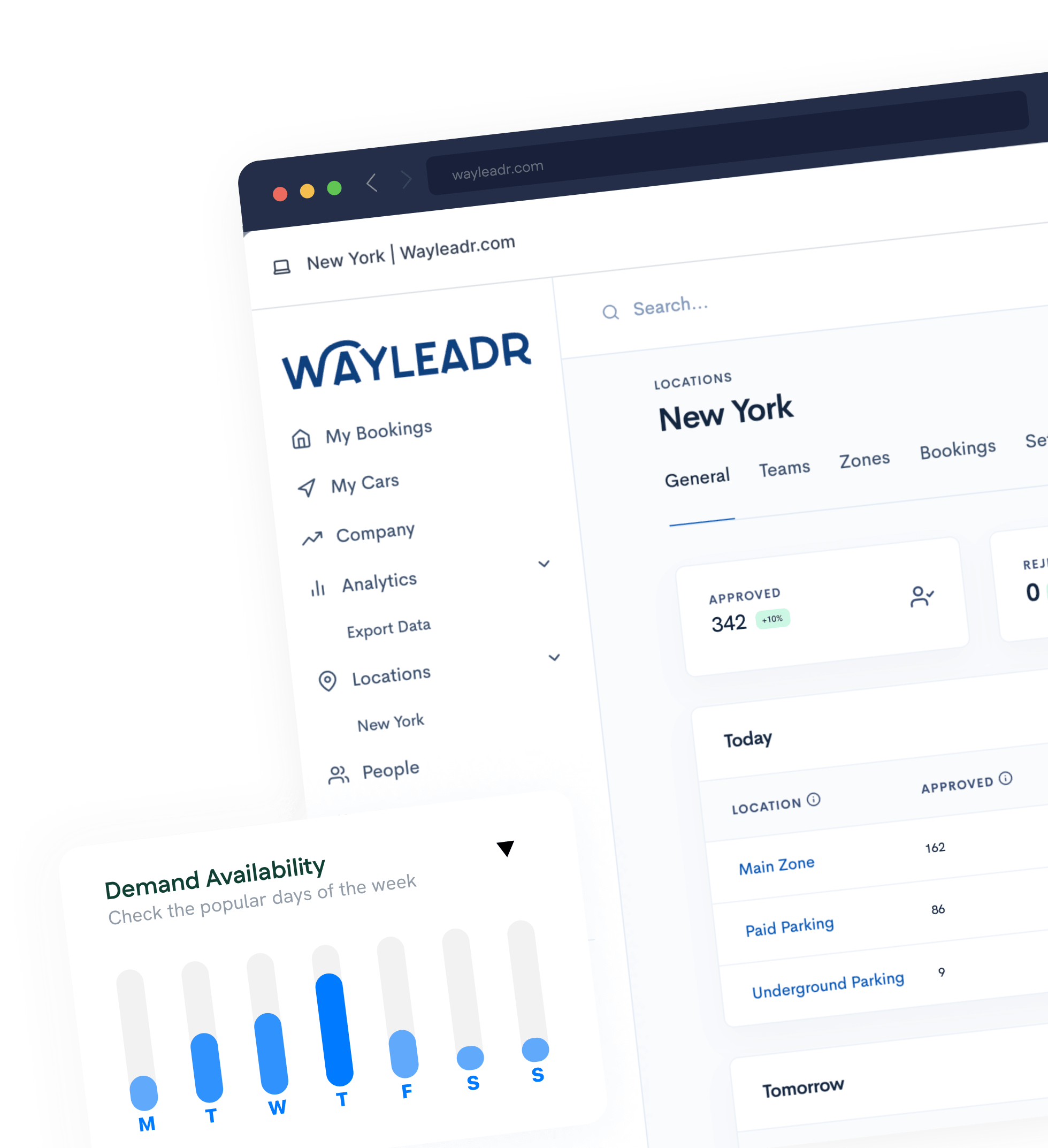 A computer screen displays the Wayleadr web dashboard showing parking data for New York, including approved spaces and demand availability charts.