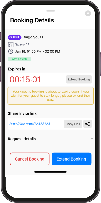 A mobile screen showing booking details for Diego Souza in Space 25, with 15 minutes left. Options to cancel, extend booking, and copy share invite link are visible.
