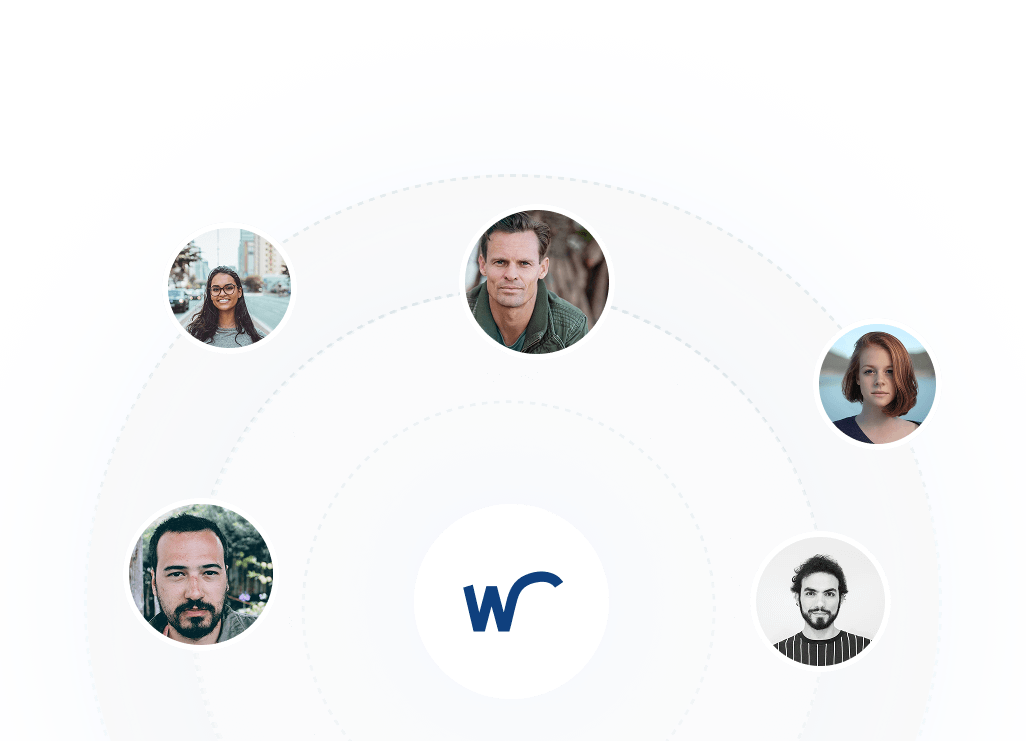 Circular graphic with five individuals' photos around a central "w" logo, connected by faded, concentric circles on a white background.