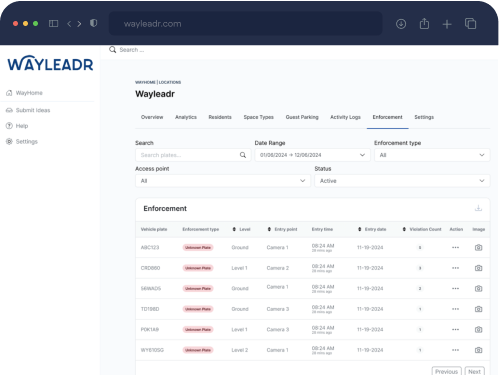 Dashboard with a "Wayleadr" logo, showing a table titled "Enforcement" with vehicle details, entry points, and dates. Navigation menu on left includes "WayHome" and "Settings.