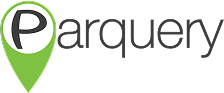 Logo for "Parquery" featuring a green map pin with a white circle and a black letter "P" inside, followed by the word "arquery" in gray text.