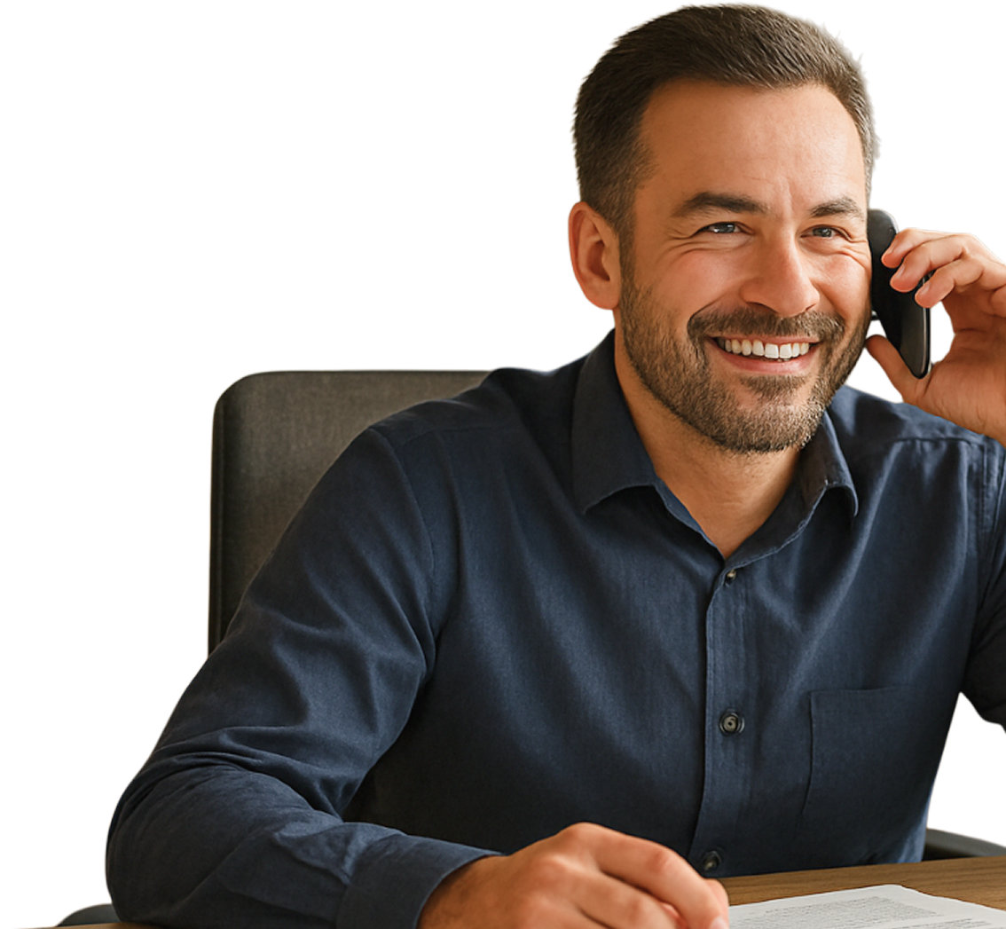 Man in a dark shirt, sitting in an office chair, smiling and talking on a smartphone.