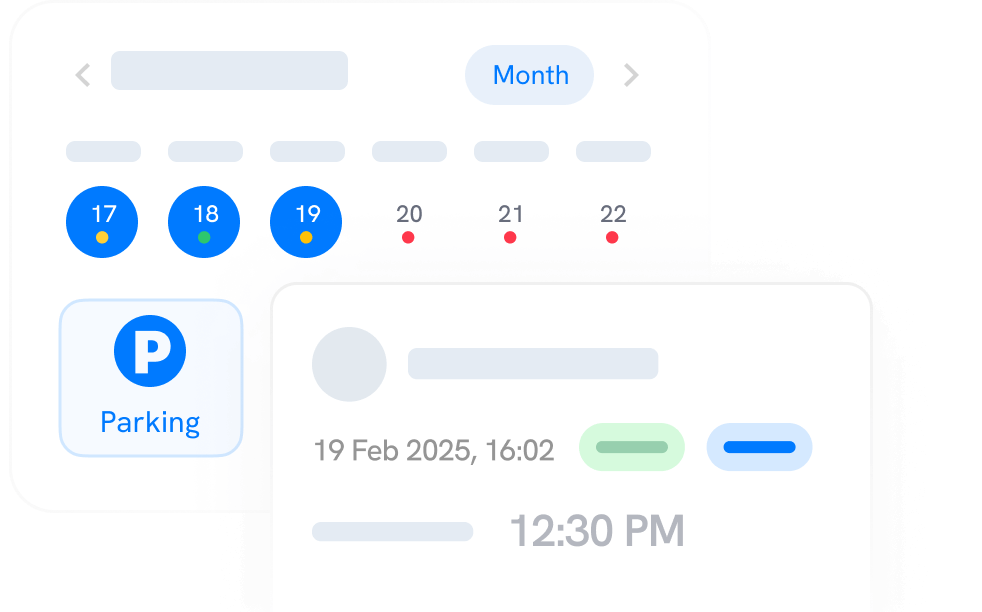 Digital calendar interface showing dates with circles and dots. The date "19 Feb 2025, 16:02, 12:30 PM" and a parking icon are visible.