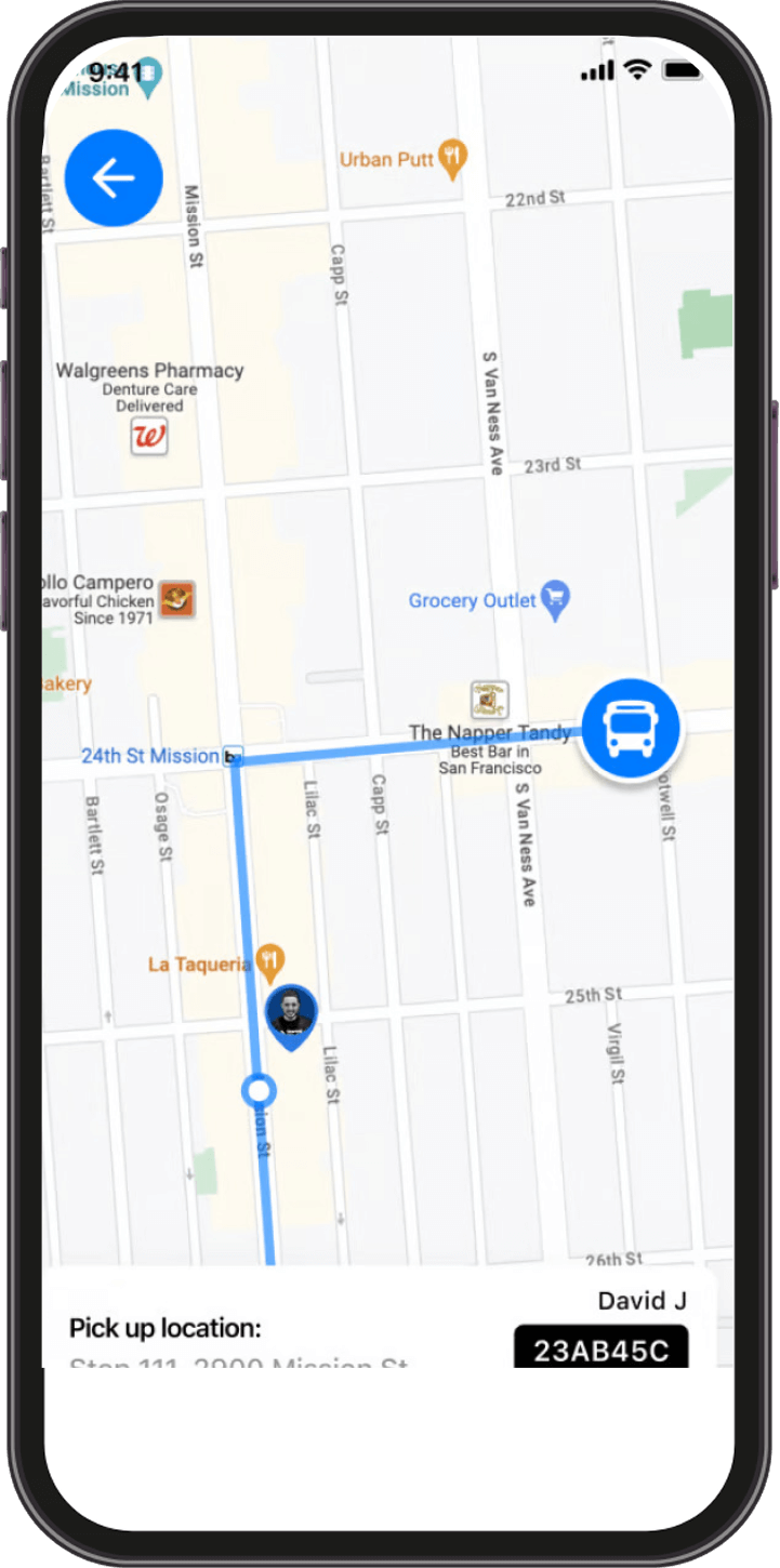 A smartphone screen shows a map with a route from 24th St Mission to The Napper Tandy; car and van icons mark pickup and destination points, while ride details and Parking Management options appear at the bottom.