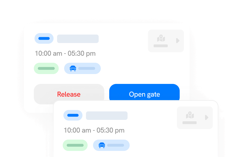 Image of two digital interface cards displaying time slots, transportation icons, and buttons labeled "Release" and "Open gate.