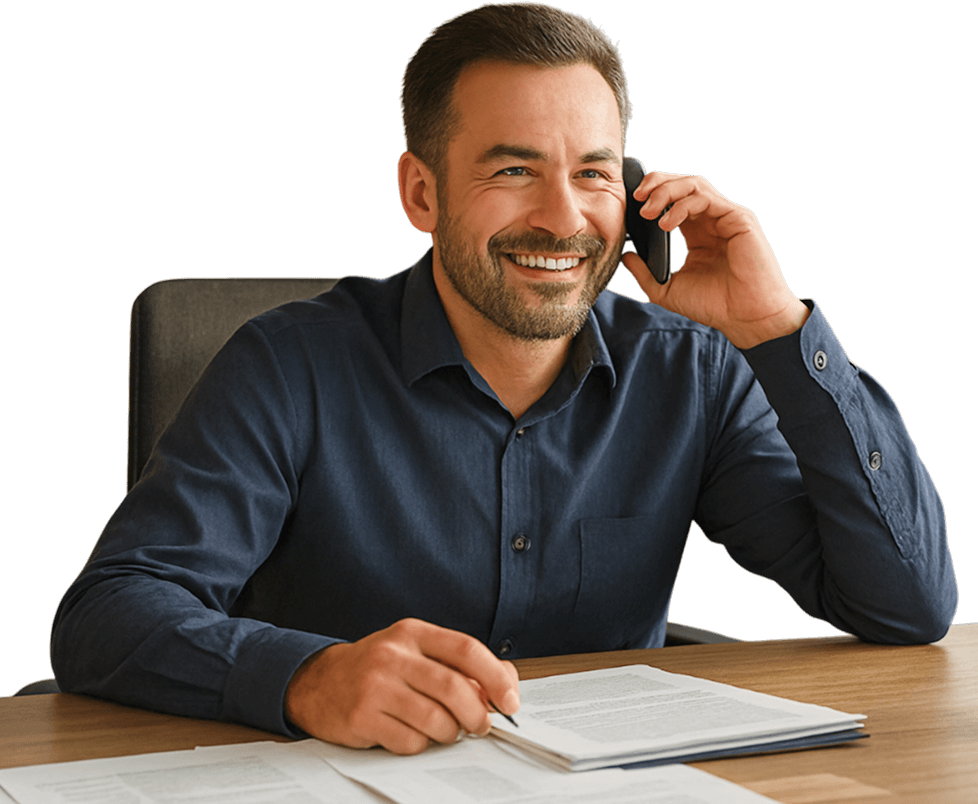 Man in a blue shirt talking on a phone while sitting at a desk with papers in front of him, smiling.