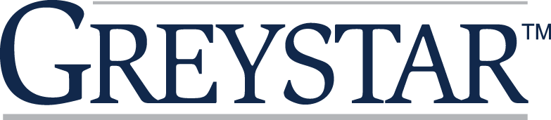 Greystar logo with the company name in large, dark blue uppercase letters, underlined and overlined with gray lines.