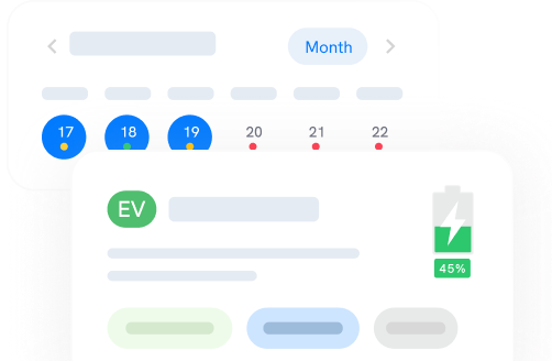 Two overlapping digital interface panels, one showing a calendar with dates and colored dots, the other displaying EV status and a 45% battery icon.