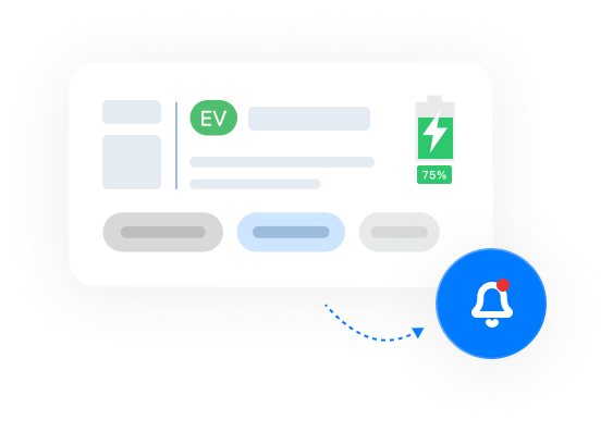 A digital notification icon appears next to a display showing an electric vehicle status with a 75% charged battery indicator.