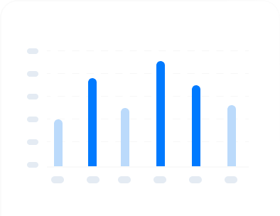 A bar chart with six vertical bars of varying heights, with the tallest bar third from the right; bars are in shades of blue. No labels or values shown.